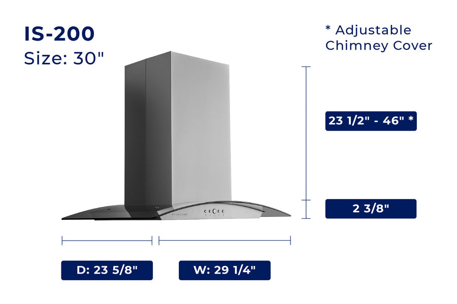 Hauslane | Chef Series IS-200 36" Modern Island Range Hood | Contemporary Tempered Glass | Powerful Suction with Maximum Coverage, LED, and Baffle Filters | Fits 6” Round Duct or Recirculation