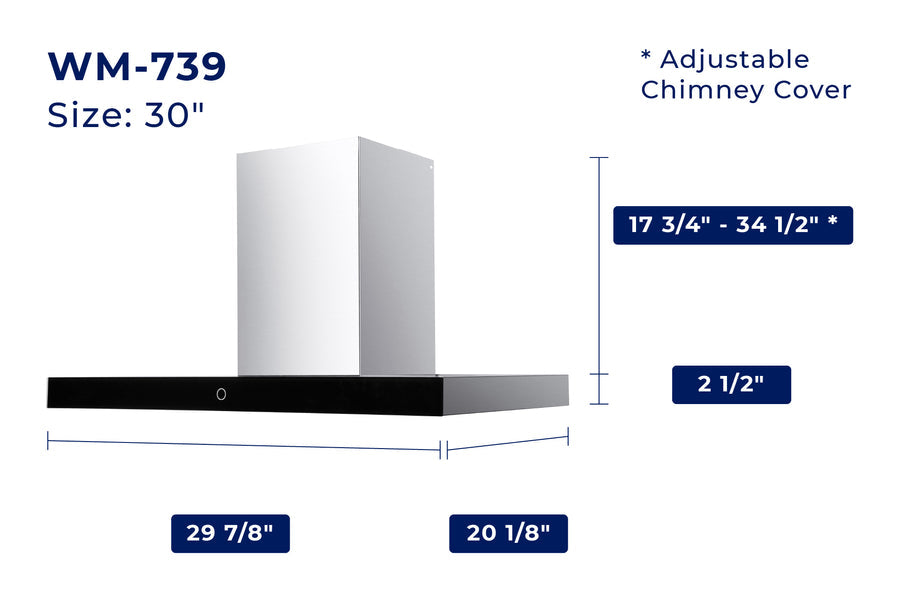 Hauslane | Chef Series Range Hood: 30" WM-739 Wall Mount Kitchen Fan | Contemporary Stainless Steel T Style Hood with Black Glass Panel | 3 Speed Touch Control Wall Mount | Vented or Ductless dimensions