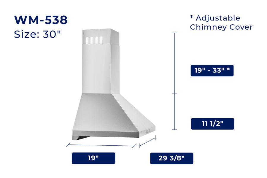 Hauslane | Chef Series Range Hood 30" WM-538 Wall Mount Range Hood | European Style Stainless Steel Stove Ventilation | 3 Speed, Touch Control, LED Lamps, Baffle Filters | Vented or Ductless dimensions