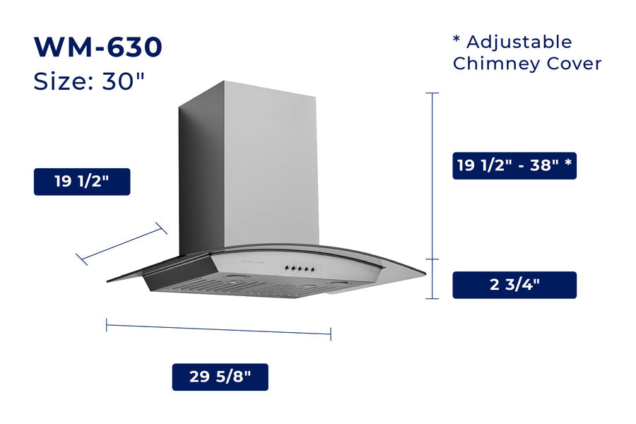 Hauslane | Chef Series Range Hood 30" WM-630 Wall Mount Range Hood | European Style with Stainless Steel and Tempered Glass | 3 Speed, LED Lamps | Ducted or Ventless dimensions