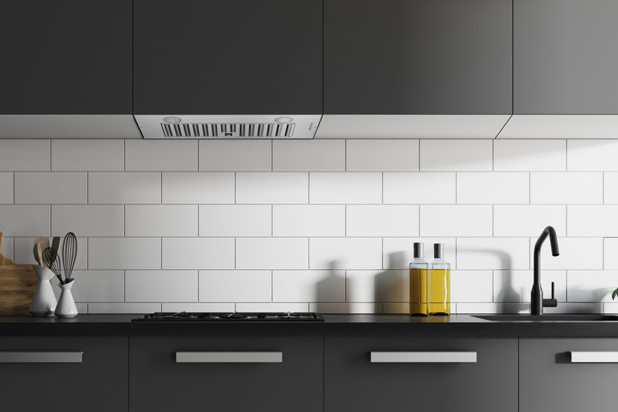 Hauslane | Chef Series Range Hood R100 30" Built-In/Recessed Stove Hood | Compact Stainless Steel | 3 Speed Kitchen Exhaust Fan with Light | Dishwasher-Safe Baffle Filter | 6" Duct lifestyle