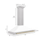 ZLINE Autograph 48" Convertible Satin Stainless Steel Wall Mount Range Hood with White Matte Shell and Polished Gold Handle, KB4SNZ-WM48-G