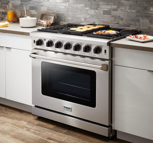 THOR Kitchen 36 in. 6.0 Cu. Ft Professional Natural Gas Range in Stainless Steel, LRG3601U