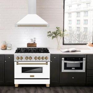 ZLINE Autograph 36" Convertible Satin Stainless Steel Wall Mount Range Hood with White Matte Shell and Champagne Bronze Handle, KB4SNZ-WM36-CB