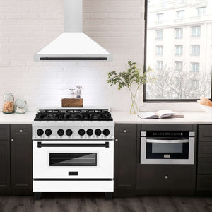 ZLINE Autograph 36" Convertible Satin Stainless Steel Wall Mount Range Hood with White Matte Shell and Matte Black Handle, KB4SNZ-WM36-MB