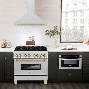 ZLINE Autograph 36" Convertible Satin Stainless Steel Wall Mount Range Hood with Polished Gold Handle, KB4SNZ-36-G
