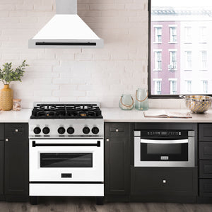 ZLINE Autograph 30" Convertible Satin Stainless Steel Wall Mount Range Hood with White Matte Shell and Matte Black Handle, KB4SNZ-WM30-MB