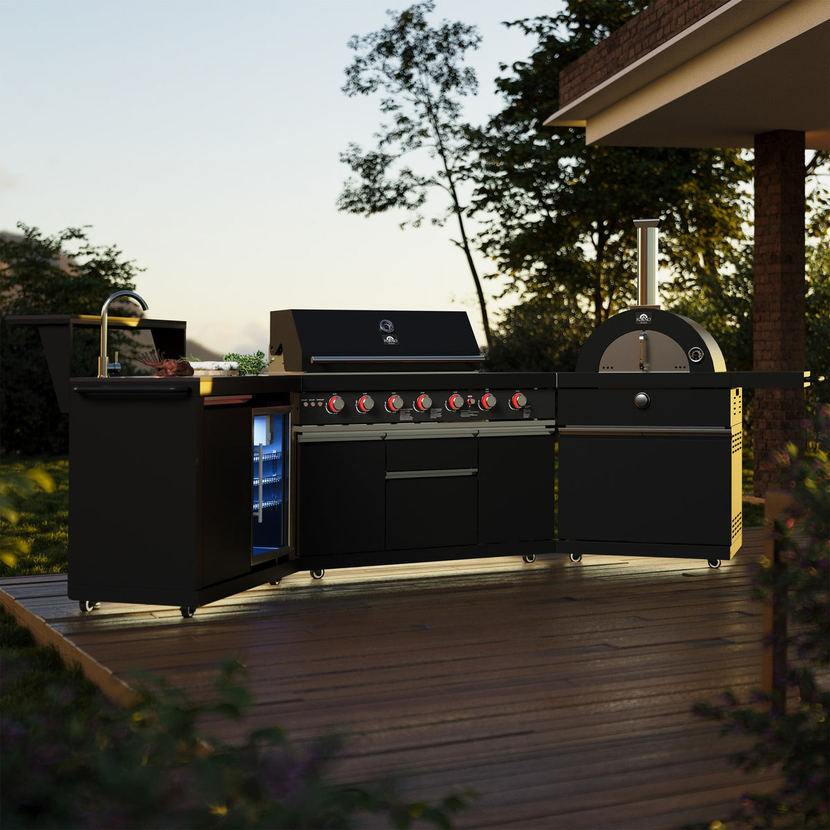 FORNO All’Aperto Outdoor Kitchen - 87,600 BTU BBQ with 4 Stainless-Steel Burners with Infrared Burners & Side Burner, Sink Module with Black Sintered Stone Countertops, Gaz Pizza Oven, Bar & Beverage Center