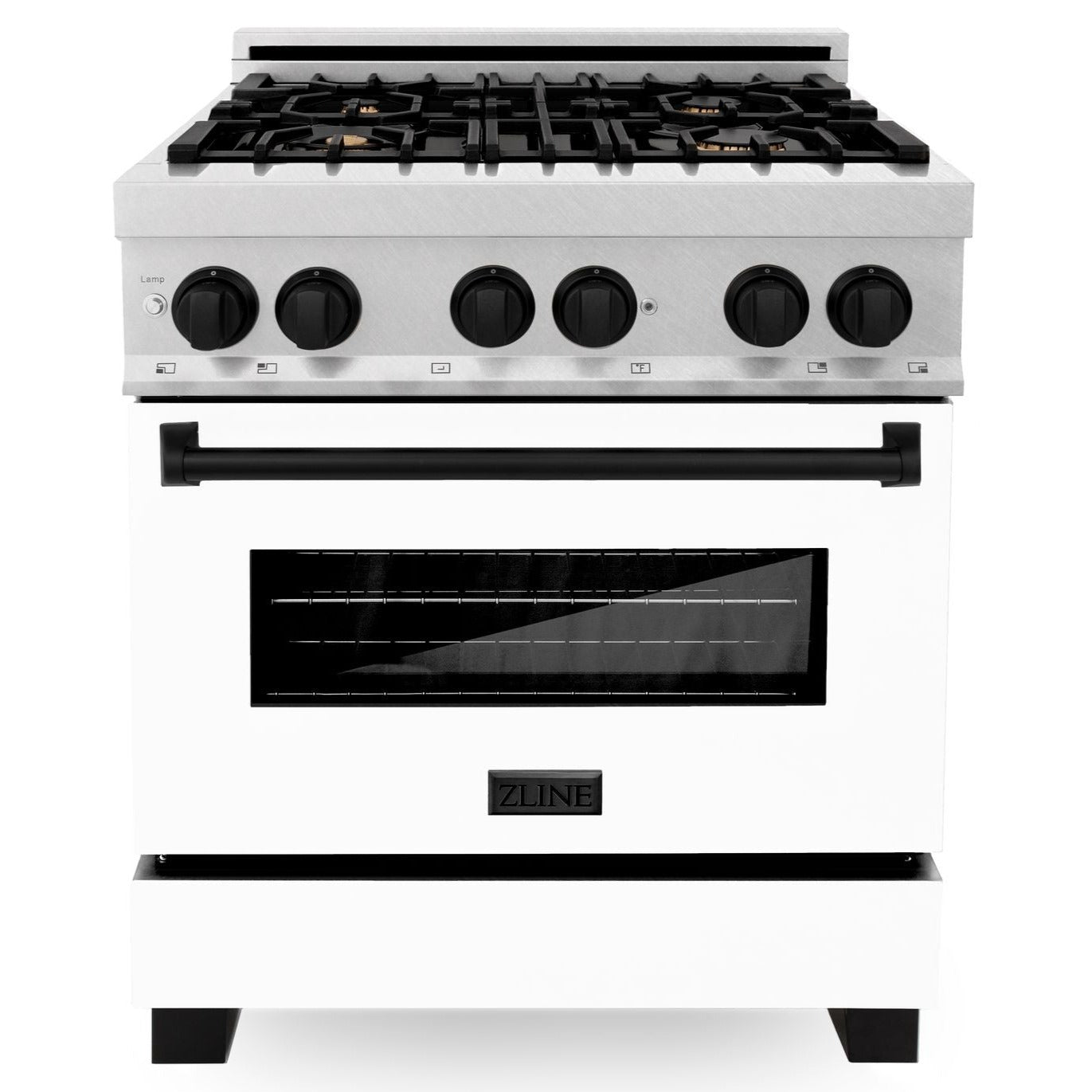 ZLINE Autograph 30" 4.0 cu. ft. Legacy Dual Fuel Range with 4 Burner Gas Cooktop and Electric Convection Oven in Satin Stainless Steel with White Matte Door and Matte Black Accents, RASZ-WM-30-MB