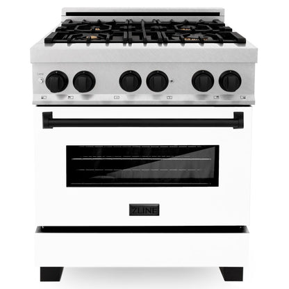 ZLINE Autograph 30" 4.0 cu. ft. Legacy Dual Fuel Range with 4 Burner Gas Cooktop and Electric Convection Oven in Satin Stainless Steel with White Matte Door and Matte Black Accents, RASZ-WM-30-MB