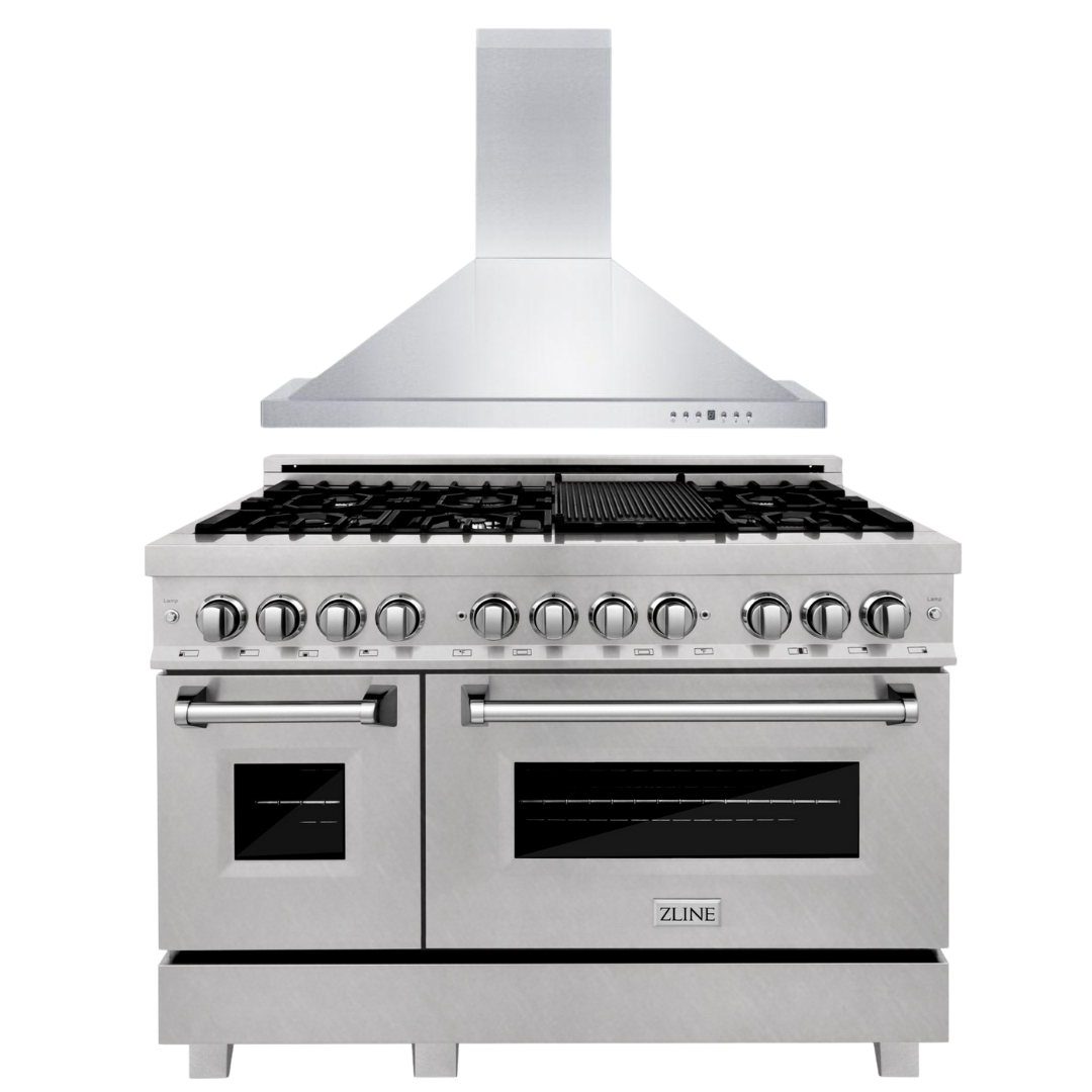 ZLINE 48 in. Dual Fuel Range with Satin Stainless Steel Door & 48 in. Range Hood, 2KP-RASNRH48