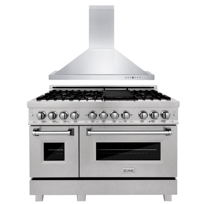 ZLINE 48 in. Dual Fuel Range with Satin Stainless Steel Door & 48 in. Range Hood, 2KP-RASNRH48