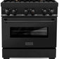 ZLINE Package - 30" Dual Fuel Range, Microwave, Range Hood, Refrigerator With Water And Ice Dispenser, Dishwasher in Black Stainless Steel