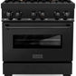ZLINE Appliance Package - 30" Dual Fuel Range, Range Hood, Microwave, Dishwasher, Refrigerator in Black Stainless