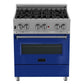 ZLINE 30" Dual Fuel Range in Satin Stainless Steel with Blue Gloss Door & 30" Range Hood Appliance Package, 2KP-RASBGRH30