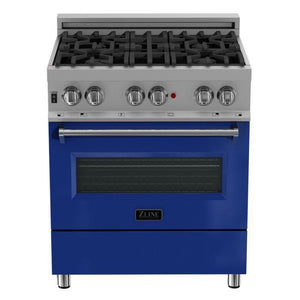 ZLINE 30" Dual Fuel Range in Satin Stainless Steel with Blue Gloss Door & 30" Range Hood Appliance Package, 2KP-RASBGRH30