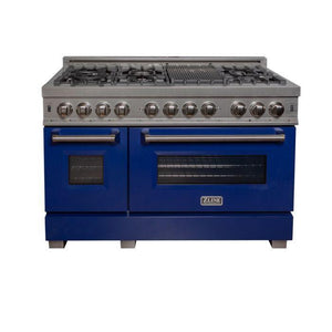 ZLINE Appliance Package - 48" Dual Fuel Range with Blue Gloss Door and Convertible Vent Range Hood in Satin Stainless Steel, 2KP-RASBGRH48