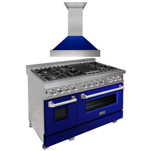 ZLINE Appliance Package - 48" Dual Fuel Range with Blue Gloss Door and Convertible Vent Range Hood in Satin Stainless Steel, 2KP-RASBGRH48