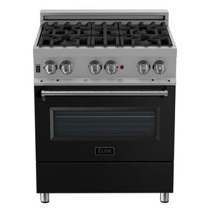 ZLINE 30 in. Dual Fuel Range in Satin Stainless Steel with Black Matte Door & 30 in. Range Hood Appliance Package, 2KP-RASBLMRH30