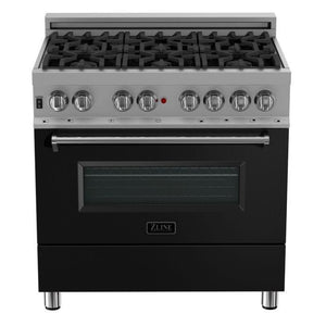 ZLINE 36" Dual Fuel Range in Satin Stainless Steel with Black Matte Door & 36" Range Hood Appliance Package, 2KP-RASBLMRH36