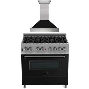 ZLINE 36" Dual Fuel Range in Satin Stainless Steel with Black Matte Door & 36" Range Hood Appliance Package, 2KP-RASBLMRH36