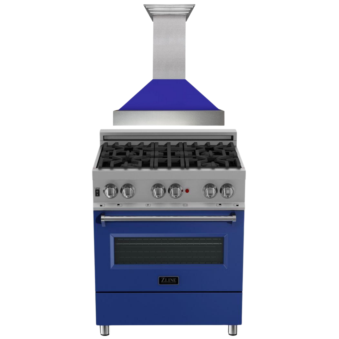 ZLINE 30" Dual Fuel Range in Satin Stainless Steel with Blue Matte Door & 30" Range Hood Appliance Package, 2KP-RASBMRH30