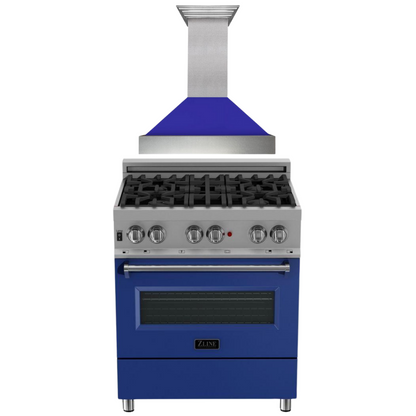 ZLINE 30" Dual Fuel Range in Satin Stainless Steel with Blue Matte Door & 30" Range Hood Appliance Package, 2KP-RASBMRH30