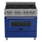 ZLINE Appliance Package - 36" Dual Fuel Range with Blue Matte Door and Convertible Vent Range Hood in Satin Stainless Steel, 2KP-RASBMRH36