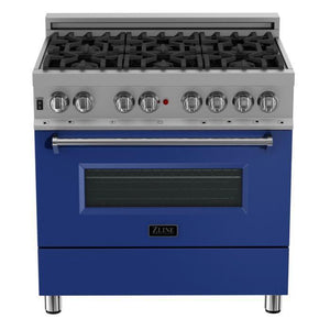 ZLINE Appliance Package - 36" Dual Fuel Range with Blue Matte Door and Convertible Vent Range Hood in Satin Stainless Steel, 2KP-RASBMRH36