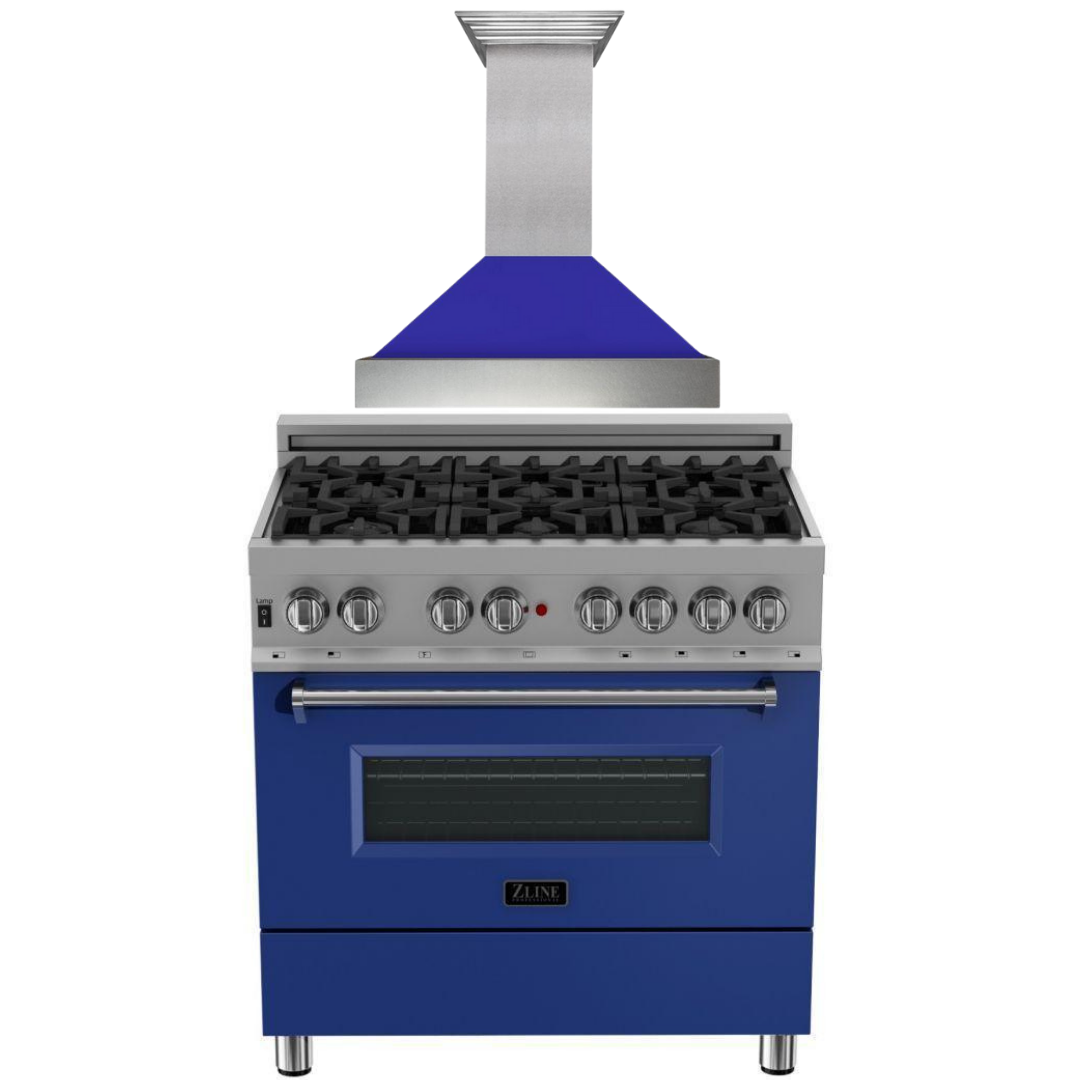 ZLINE Appliance Package - 36" Dual Fuel Range with Blue Matte Door and Convertible Vent Range Hood in Satin Stainless Steel, 2KP-RASBMRH36