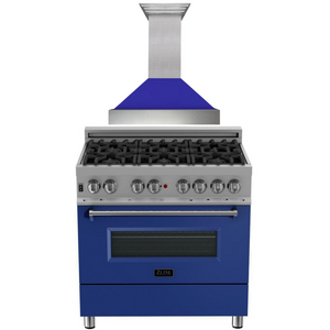 ZLINE Appliance Package - 36" Dual Fuel Range with Blue Matte Door and Convertible Vent Range Hood in Satin Stainless Steel, 2KP-RASBMRH36