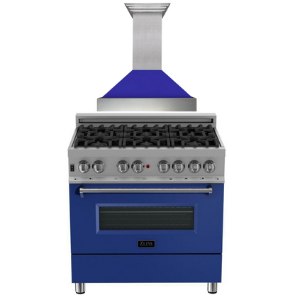 ZLINE Appliance Package - 36" Dual Fuel Range with Blue Matte Door and Convertible Vent Range Hood in Satin Stainless Steel, 2KP-RASBMRH36