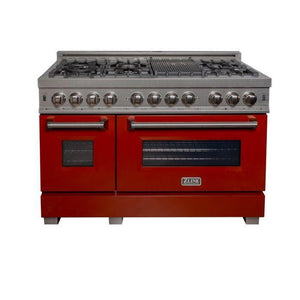 ZLINE Appliance Package - 48" Dual Fuel Range with Red Gloss Door and Convertible Vent Range Hood in Satin Stainless Steel, 2KP-RASRGRH48