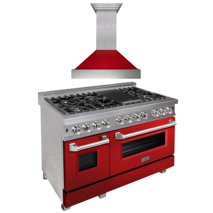 ZLINE Appliance Package - 48" Dual Fuel Range with Red Gloss Door and Convertible Vent Range Hood in Satin Stainless Steel, 2KP-RASRGRH48