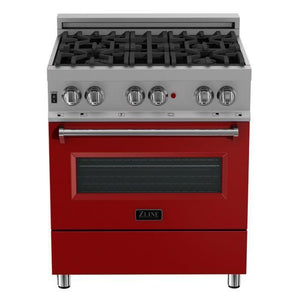 ZLINE 30" Dual Fuel Range in Satin Stainless Steel with Red Matte Door & 30" Range Hood Appliance Package, 2KP-RASRMRH30