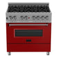 ZLINE Appliance Package - 36" Dual Fuel Range with Red Matte Door and Convertible Vent Range Hood in Satin Stainless Steel, 2KP-RASRMRH36
