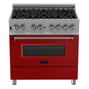 ZLINE Appliance Package - 36" Dual Fuel Range with Red Matte Door and Convertible Vent Range Hood in Satin Stainless Steel, 2KP-RASRMRH36