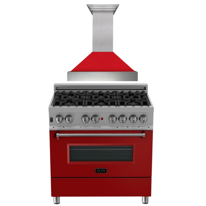 ZLINE Appliance Package - 36" Dual Fuel Range with Red Matte Door and Convertible Vent Range Hood in Satin Stainless Steel, 2KP-RASRMRH36