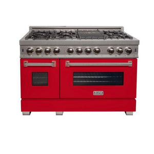 ZLINE Appliance Package - 48" Dual Fuel Range with Red Matte Door and Convertible Vent Range Hood in Satin Stainless Steel, 2KP-RASRMRH48