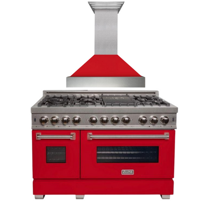 ZLINE Appliance Package - 48" Dual Fuel Range with Red Matte Door and Convertible Vent Range Hood in Satin Stainless Steel, 2KP-RASRMRH48