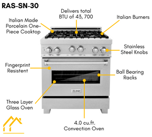 ZLINE 30 in. Dual Fuel Range and Range Hood Satin Stainless Steel Appliance Package, 2KP-RASSNRH30