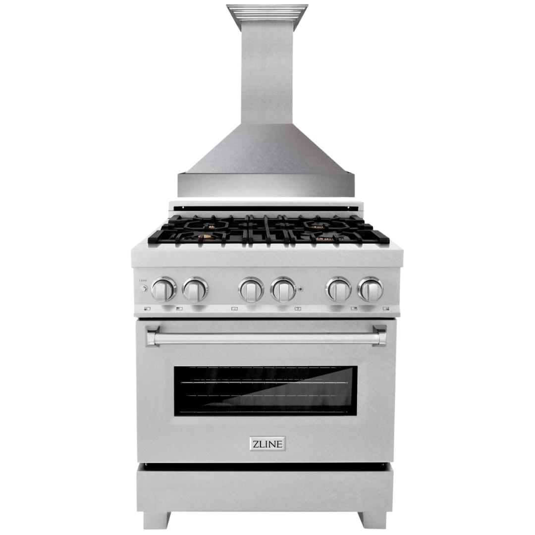 ZLINE 30 in. Dual Fuel Range and Range Hood Satin Stainless Steel Appliance Package, 2KP-RASSNRH30