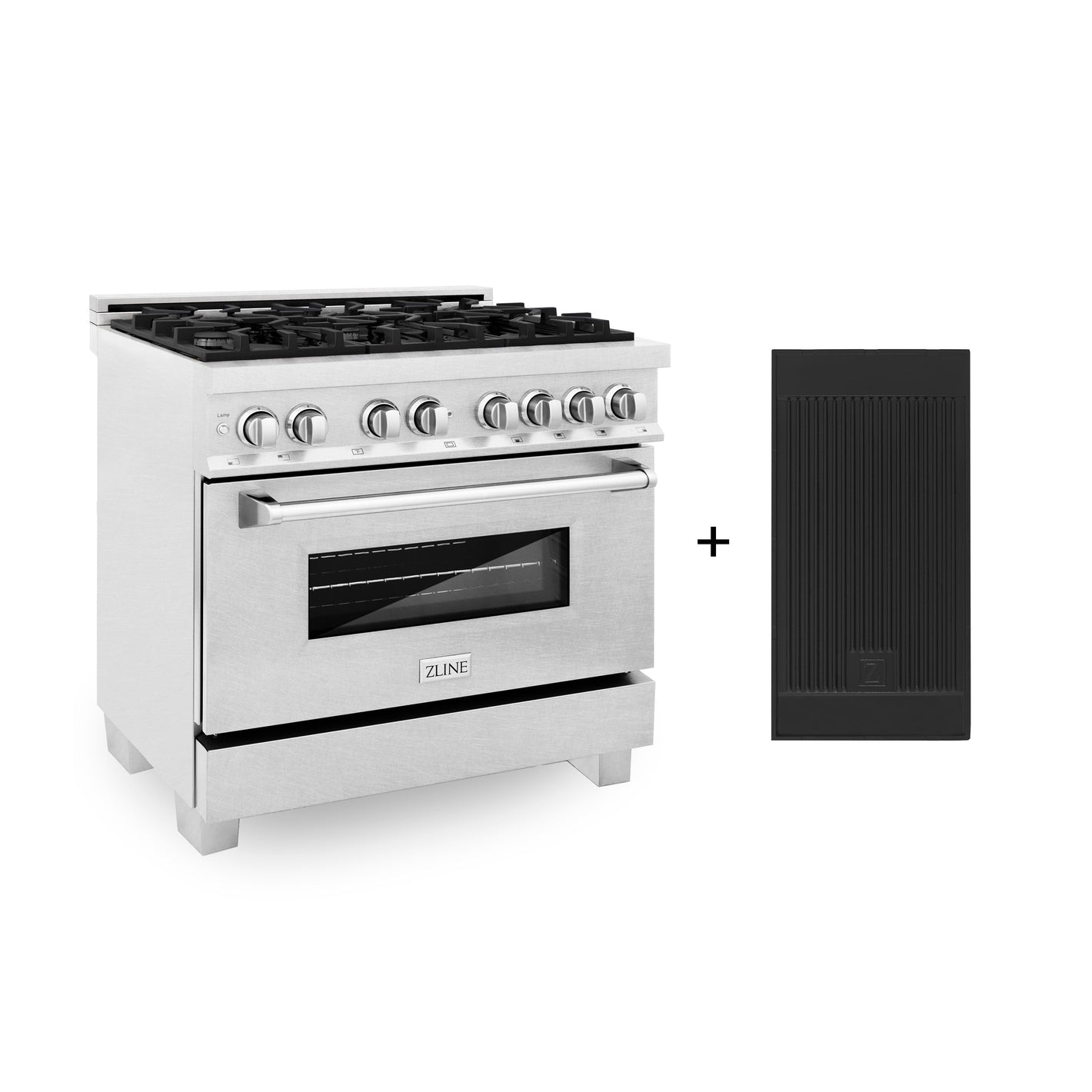 ZLINE 36" 4.6 cu. ft. Legacy Dual Fuel Range with 6 Burner Gas Cooktop and Electric Convection Oven in Satin Stainless Steel with Griddle, RAS-SN-GR-36