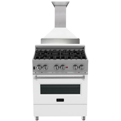 ZLINE Kitchen and Bath 30 in. Dual Fuel Range in Satin Stainless Steel with White Matte Door & 30 in. Range Hood Appliance Package, 2KP-RASWMRH30