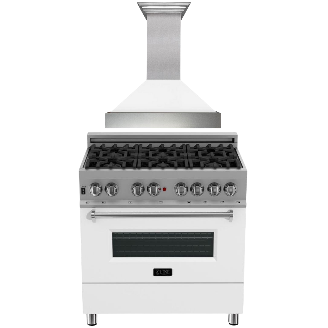 ZLINE 36" Dual Fuel Range in Satin Stainless Steel with White Matte Door & 36" Range Hood Appliance Package, 2KP-RASWMRH36