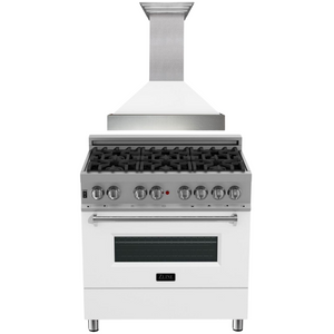 ZLINE 36" Dual Fuel Range in Satin Stainless Steel with White Matte Door & 36" Range Hood Appliance Package, 2KP-RASWMRH36