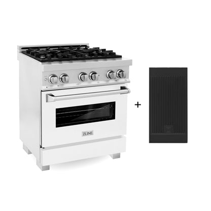 ZLINE 30" 4.0 cu. ft. Legacy Dual Fuel Range with 4 Burner Gas Cooktop and Electric Convection Oven in Satin Stainless Steel with White Matte Door and Griddle, RAS-WM-GR-30