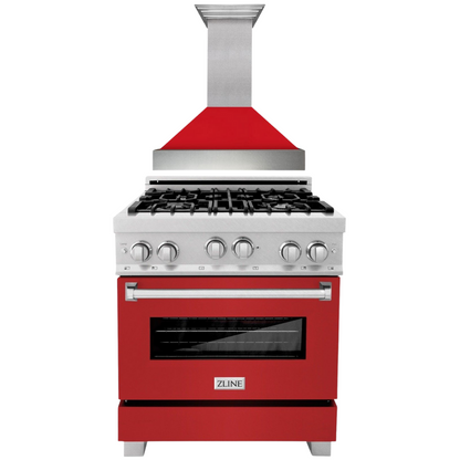 ZLINE 30" Dual Fuel Range in Satin Stainless Steel with Red Matte Door & 30" Range Hood Appliance Package, 2KP-RASRMRH30