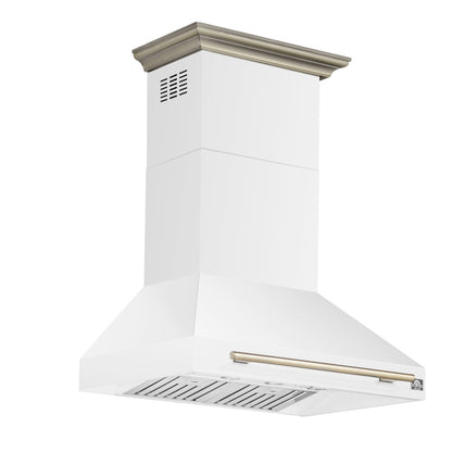 FORNO Aria 36" 1200 CFM Convertible Wall Mount Range Hood with White Hood and Antique Brass Accents, FRHWM5095-36WHT
