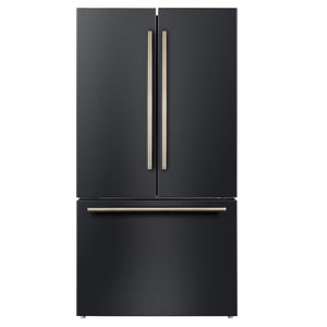 FORNO Rivello 36" French Door Standard Depth Refrigerator with Water and Ice Dispenser in Black with Antique Brass Accents, FFFFD1783-36BLK